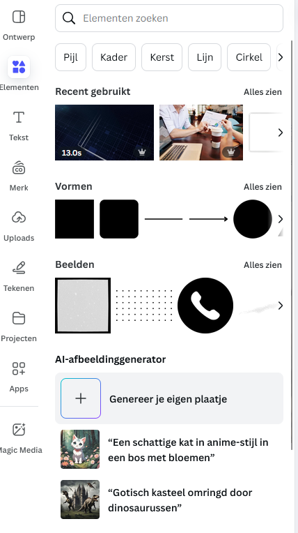 Canva Elementen panel met AI-afbeeldinggenerator