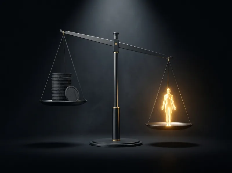 Conceptbeeld: een weegschaal met donkere munten aan de ene kant en een gloeiende gouden klant-figuur die doorweegt aan de andere kant
