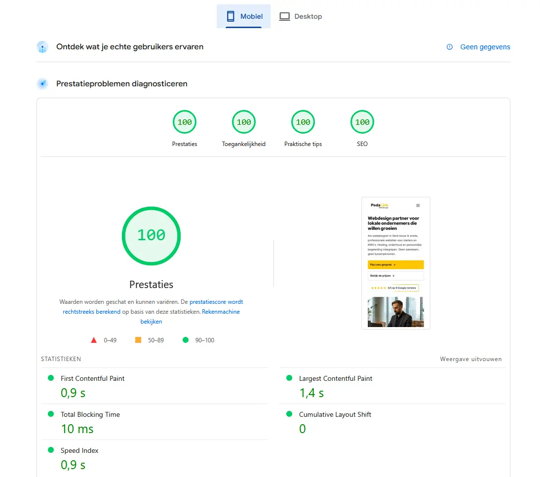 Google PageSpeed Insights score van PodaLink: 4 keer 100