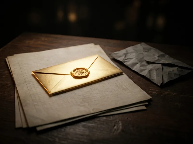 Conceptbeeld: een gouden envelop met lakzegel bovenop een offerte, naast een doffe grijze verkreukelde envelop die in de schaduw verdwijnt