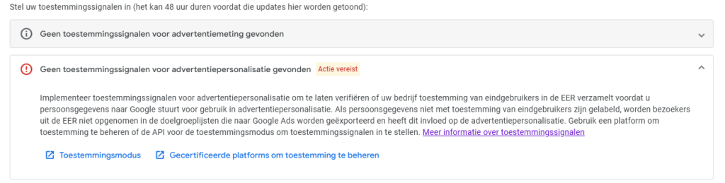 Google toestemmingsignalen melding