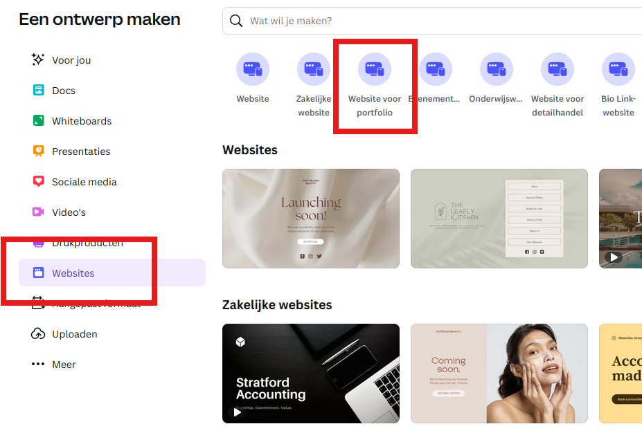 Canva menu met 'Website' en 'Website voor portfolio' opties gemarkeerd voor het kiezen van een template
