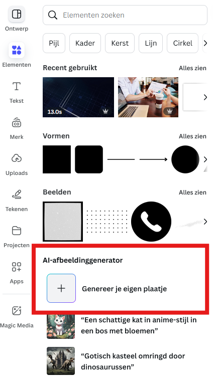 Tab elementen in canva waar je onder AI-afbeeldinggenerator kan kiezen voor + geneer je eigen plaatje

