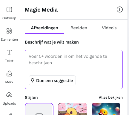 Magic Media interface in Canva waar je de prompt kan invullen voor AI afbeeldingen
