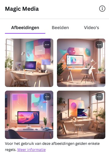 Voorbeeld van gegenereerde AI-afbeeldingen in Canva, met verschillende variaties van een thuiskantoor setup
