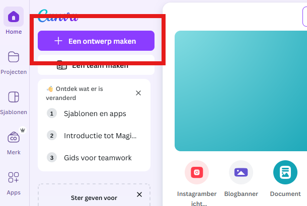 Screenshot van Canva's startpagina met het plusje rechtsboven om een nieuw ontwerp te maken
