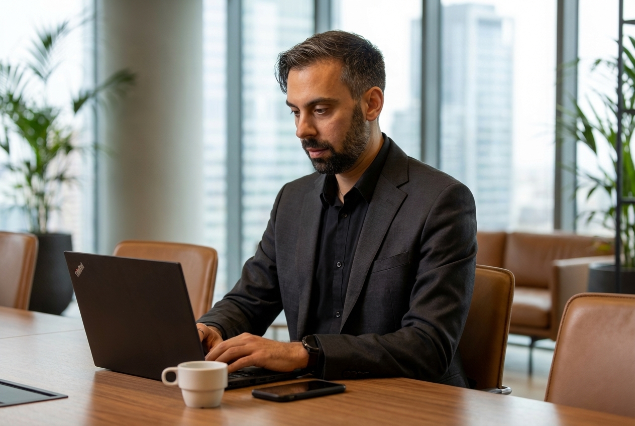PodaLink webdesign Bestuurder PodaLink - Danilo werkt op laptop